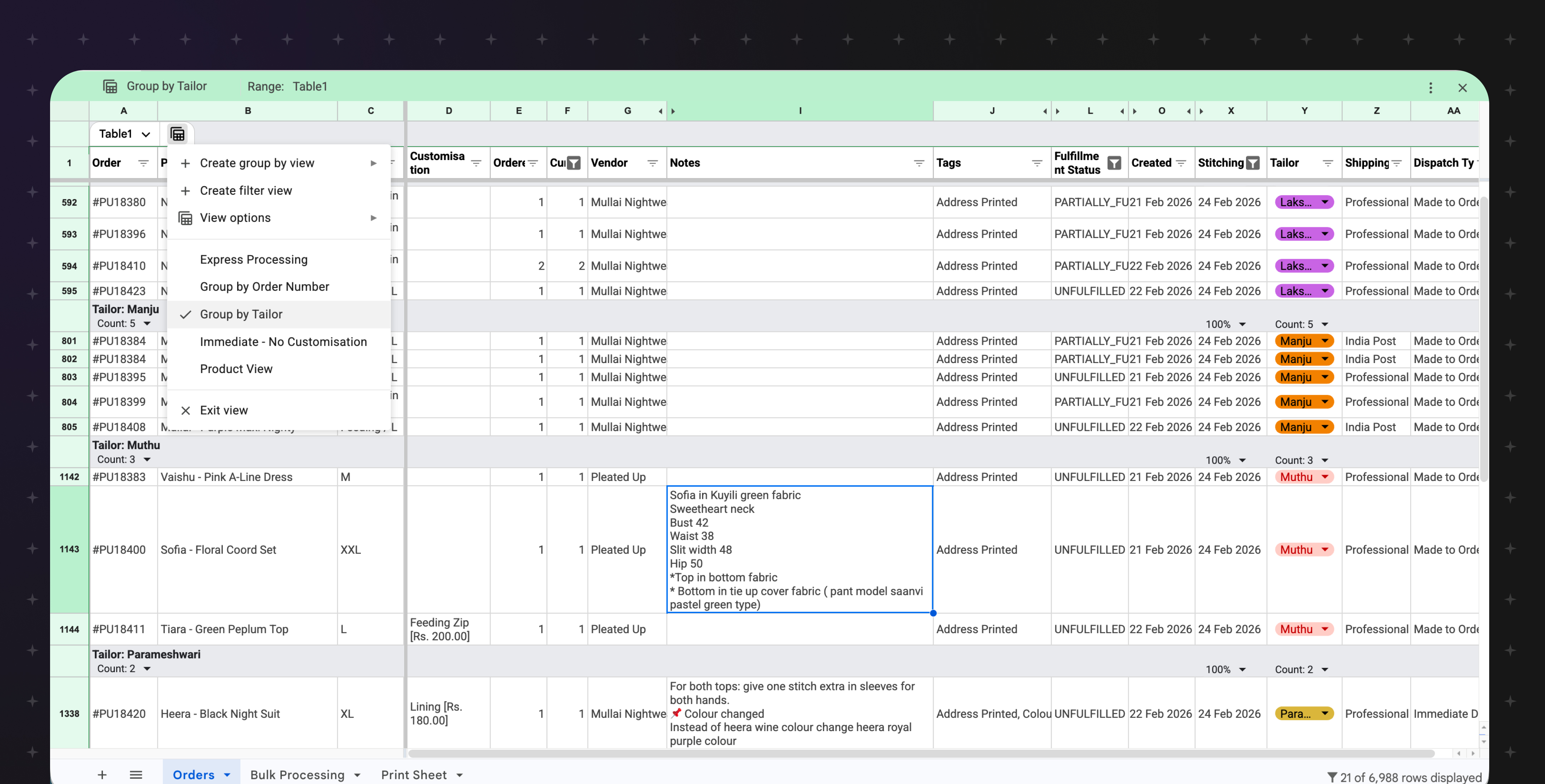 Order tracking sheets