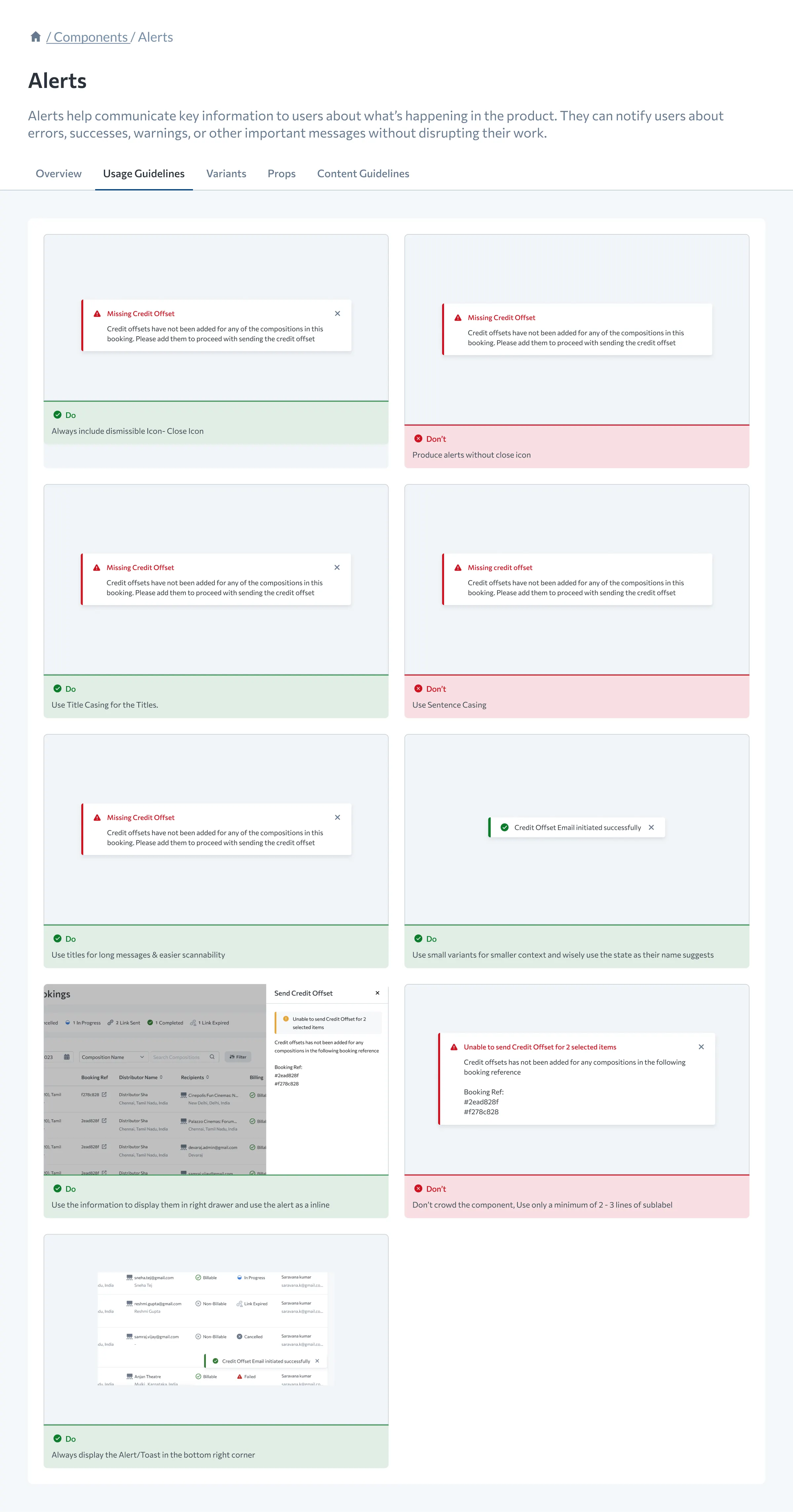 Alerts documentation, usage guidelines