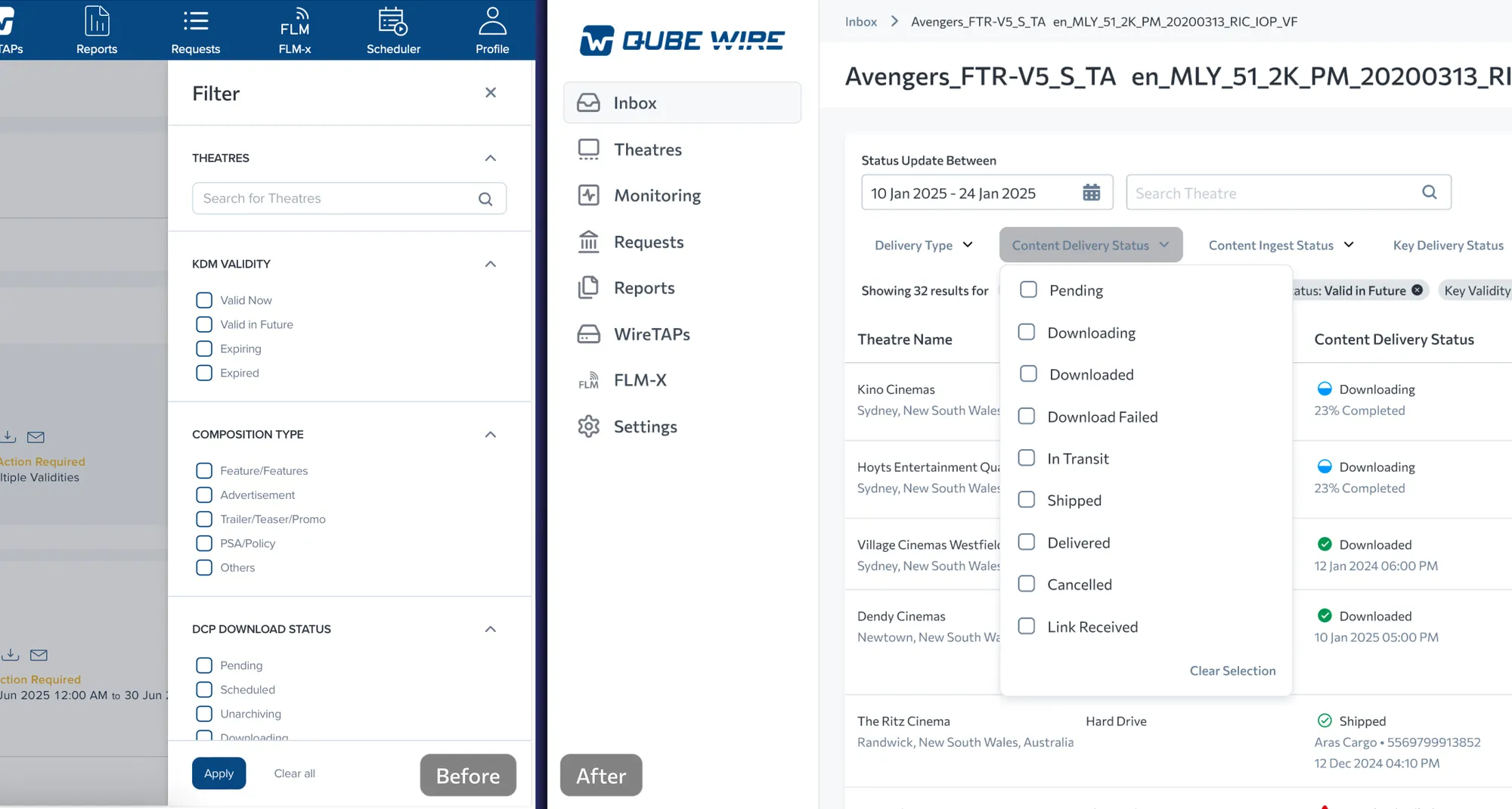Navigation and filters before and after the design system
