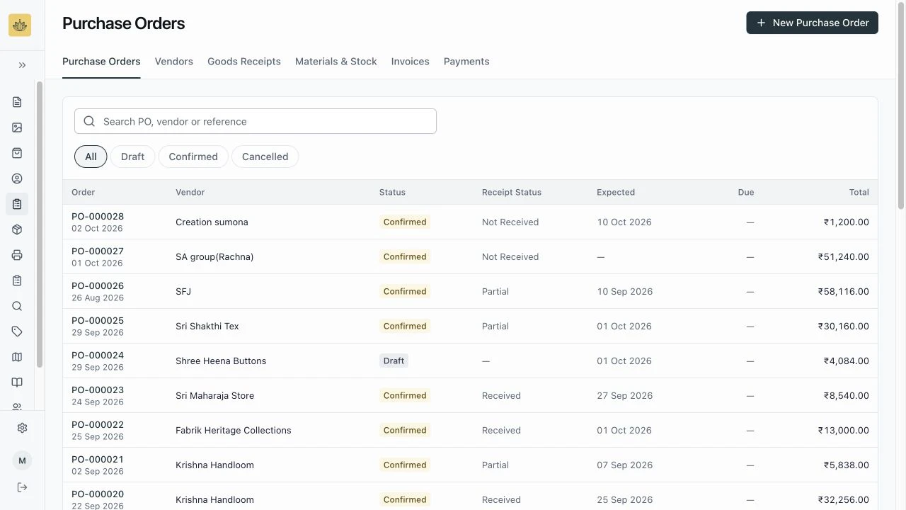 Pleated Up ERP purchasing screen